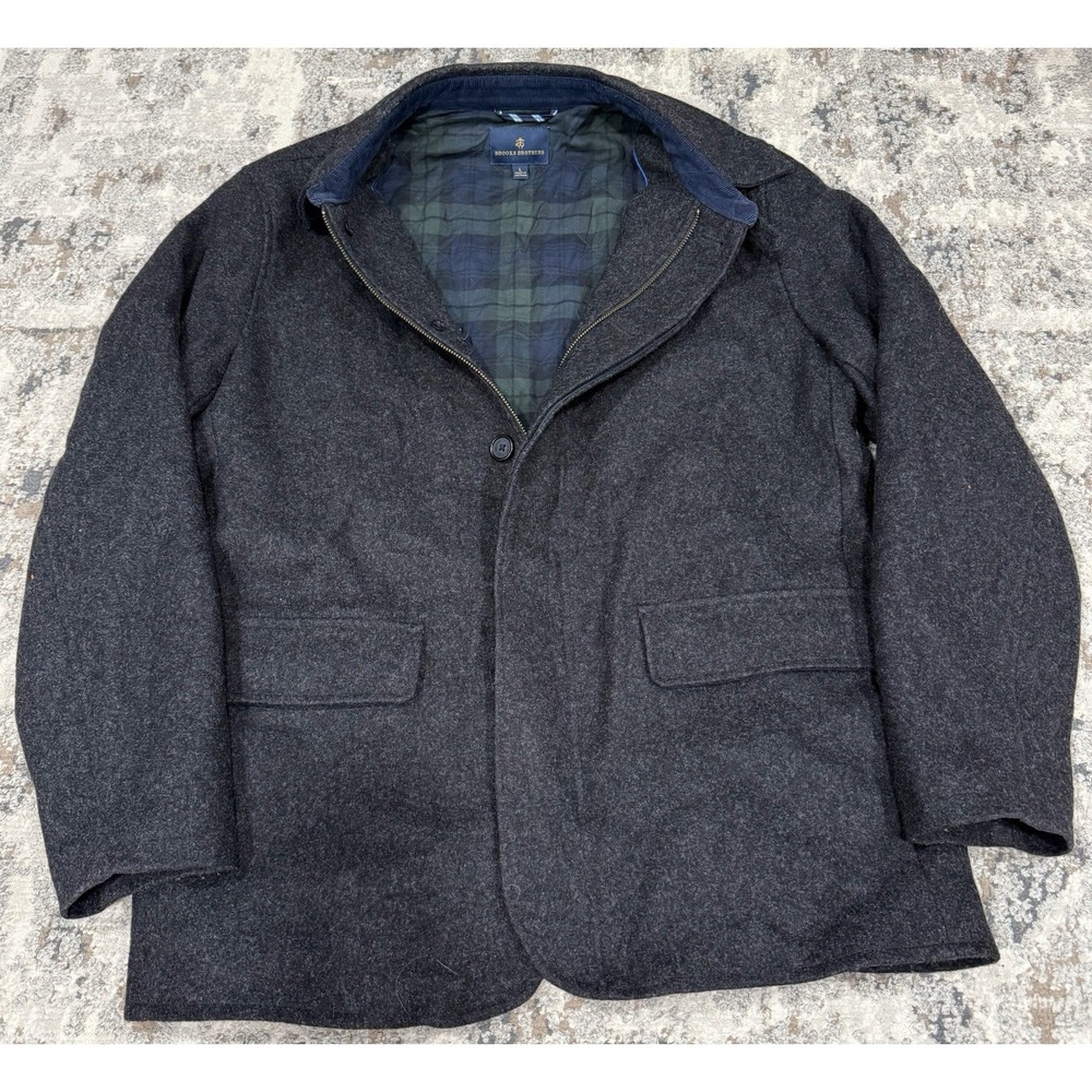 Brooks Brothers Thermore Wool Coat‎ Plaid Lined Mens Size L Dark Gray